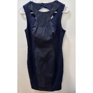 Cache Navy Blue Embroidered Contrast Knit Cutout Sheath Dress Sz 4 Keyhole Back